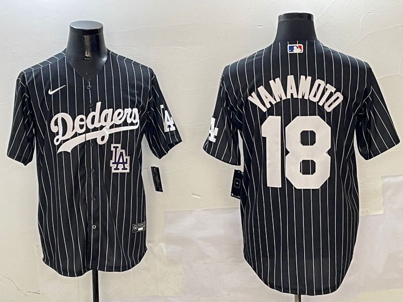 Men Los Angeles Dodgers #18 Yamamoto Black Stripe Jointly Name 2025 Nike MLB Jersey style 1